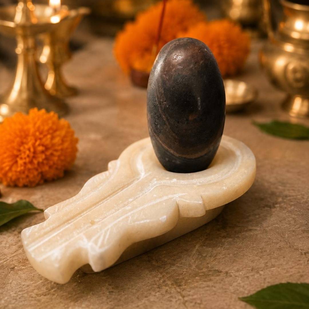Narmadeshwar Banalingam Shivling 4' Inches with White Marble Jaldhari