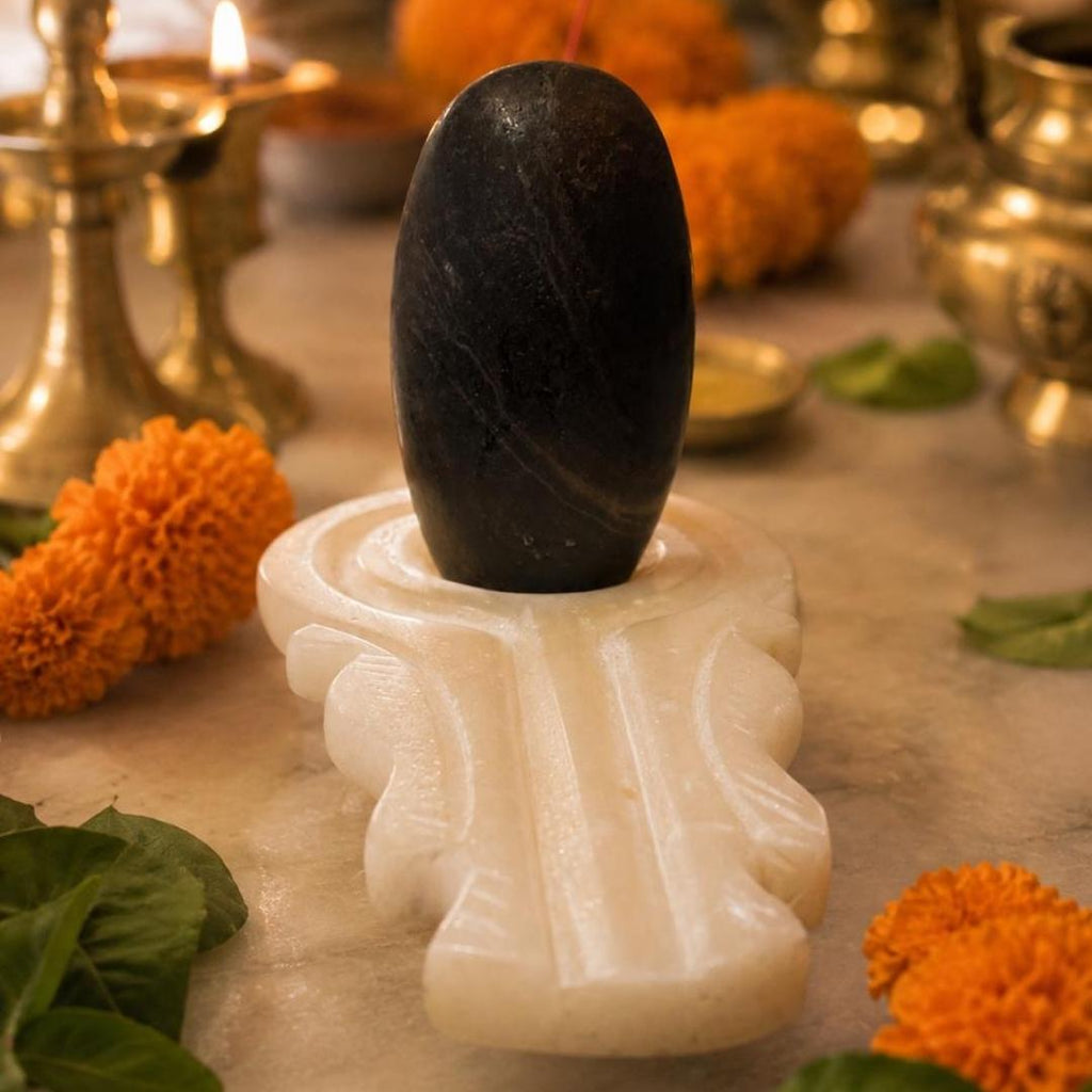 Narmadeshwar Banalingam Shivling 4' Inches with White Marble Jaldhari