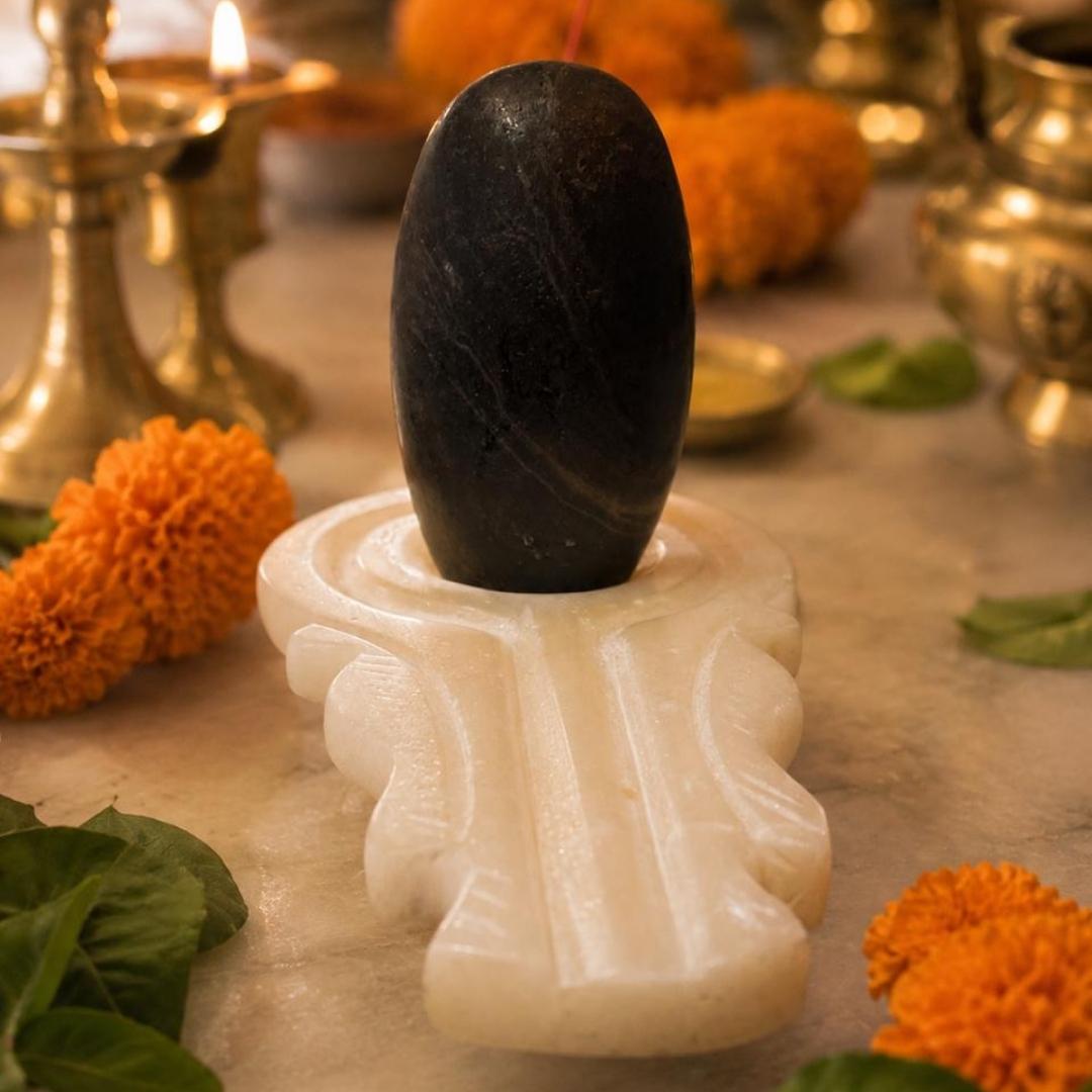 Narmadeshwar Banalingam Shivling 4' Inches with White Marble Jaldhari
